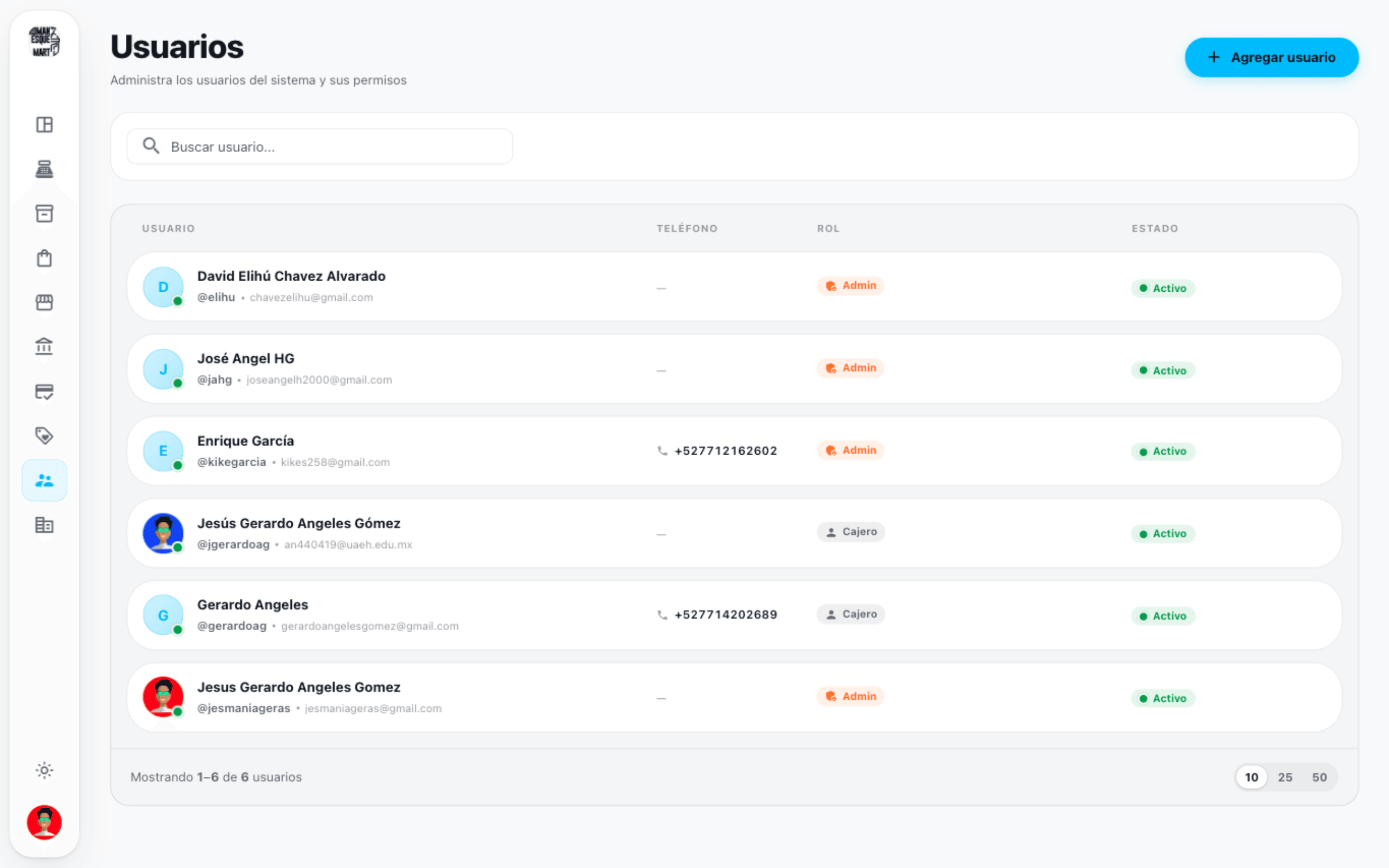 Lista de usuarios del sistema en TechSellPro